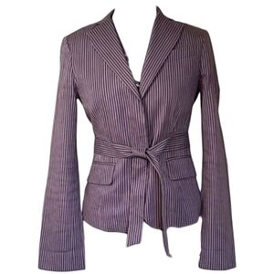 BCBGMaxazria Belted Blazer Pinstripe Woven Jacket Grey Linen Y2K